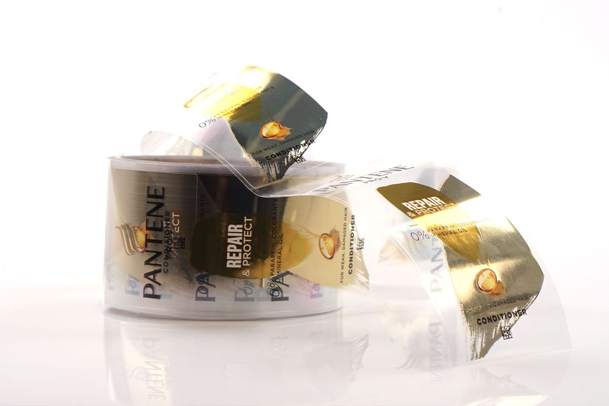 étiquettes autocollantes Impression numérique deux nuances d'or estampage à froid feuille transparente PP